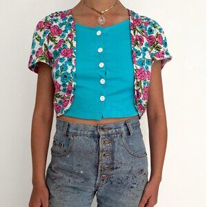 90s vintage colorful blue pink neon floral print retro button up crop top shirt